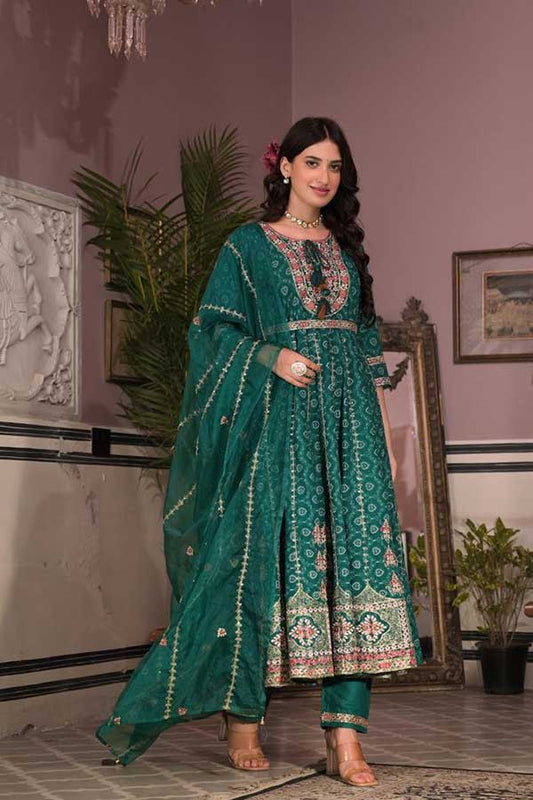 Graceful Green Anarkali Beauty: Rayon Kurta with Intricate Embroidery and Embellished Belt