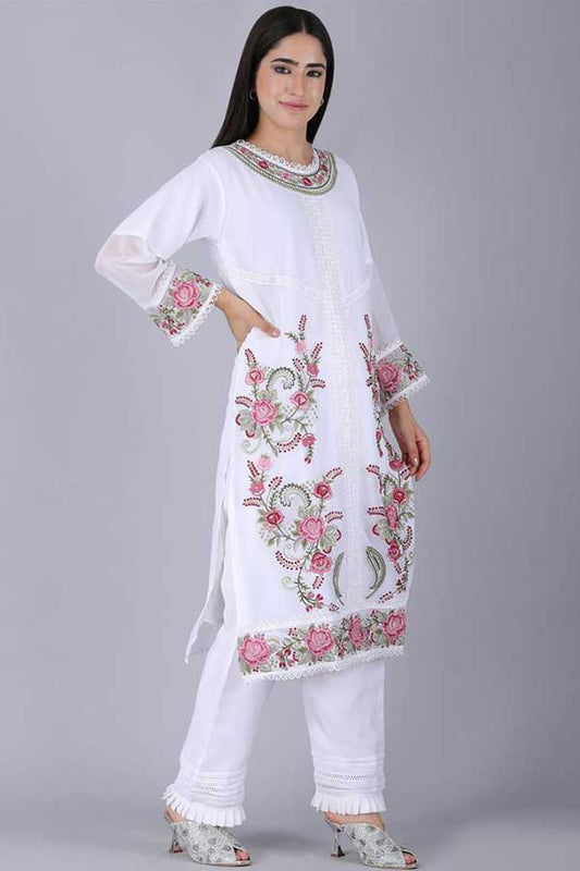 Elevated Pakistani Fashion in white color: Resham Embroidery on Georgette Kurta with Lacework Dupatta