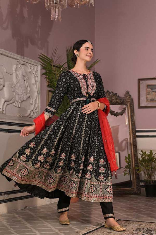 Graceful Black Anarkali Beauty: Rayon Kurta with Intricate Embroidery and Embellished Belt