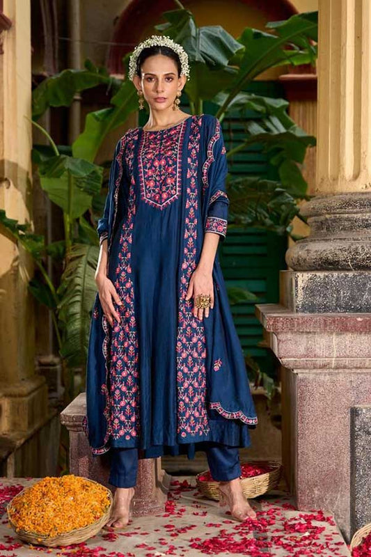 Chic in Blue: Viscose Chanderi Kalidaar with Resham Embroidery, Straight Pants, Scalloped Dupatta