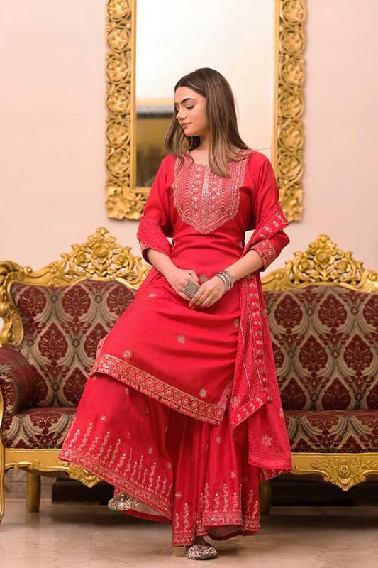 Stylish Simplicity: Embroidered Muslin Kurta with Coordinated Sharara