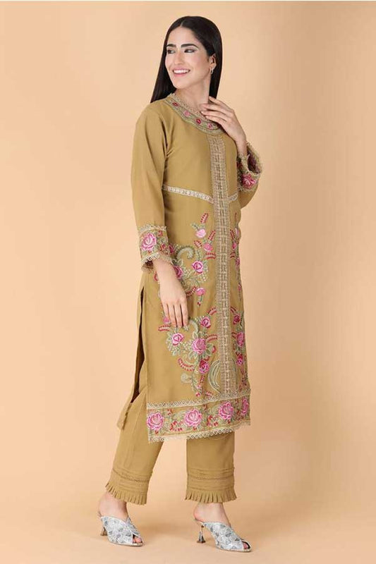 Elevated Pakistani Fashion in beige color: Resham Embroidery on Georgette Kurta with Lacework Dupatta