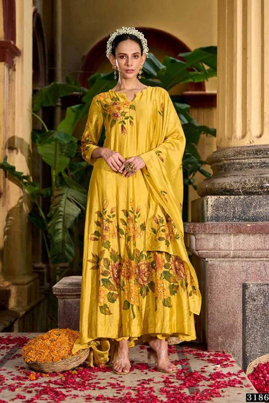 Lemon Brush Painted Anarkali, Delicate Embroidery, Straight Pants, Brush Painted Dupatta