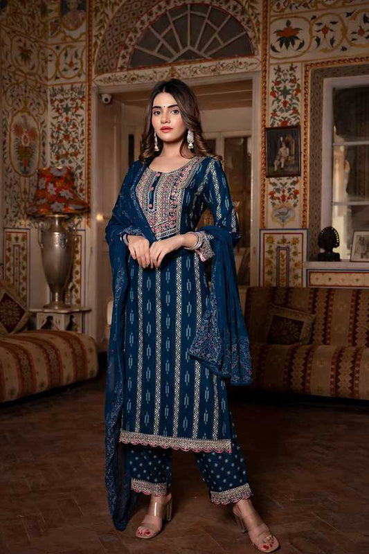 Regal in Blue: Embroidered Rayon Suit with Coordinated Pants and Chiffon Dupatta