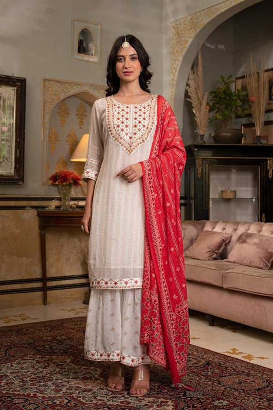 Chic and Stylish: Embroidered Georgette Suit with Zari-Adorned Gharara