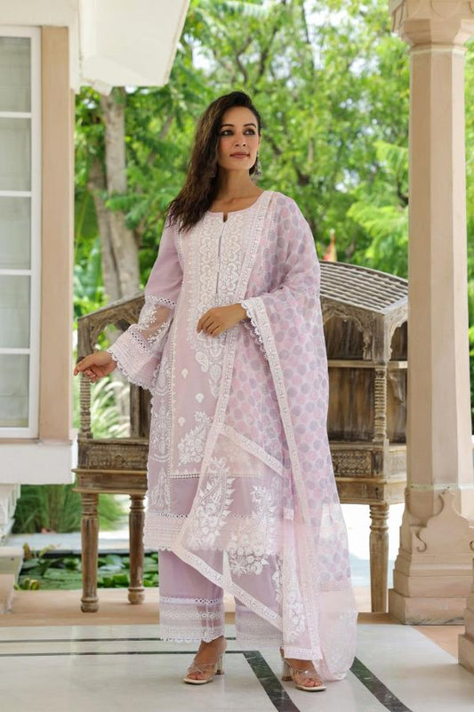 STITCHED COTTON SUIT (LIGHT PINK): PANTS & MATCHING TOP