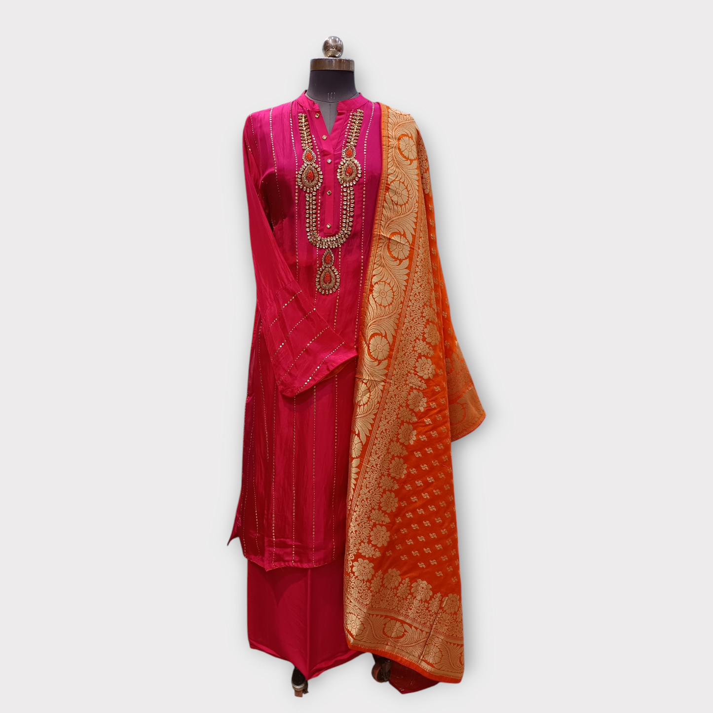 UNSTITCHED UPADA SILK KURTA ABORNED WITH KUNDAN WORK WITH BANARSI DUPATTA, BOTTAM FABRIC IS VISCOSE