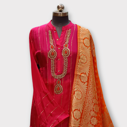 UNSTITCHED UPADA SILK KURTA ABORNED WITH KUNDAN WORK WITH BANARSI DUPATTA, BOTTAM FABRIC IS VISCOSE