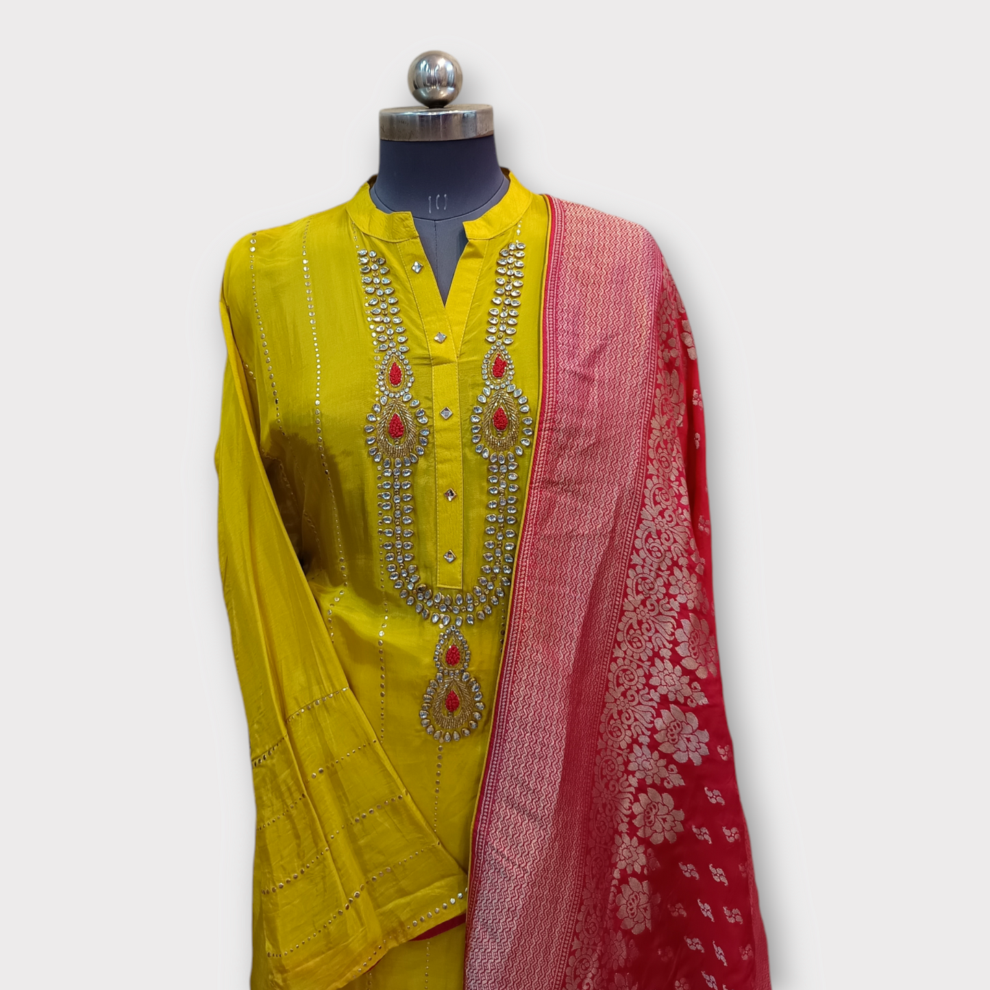 UNSTITCHED UPADA SILK KURTA ABORNED WITH KUNDAN WORK WITH BANARSI DUPATTA, BOTTAM FABRIC IS VISCOSE