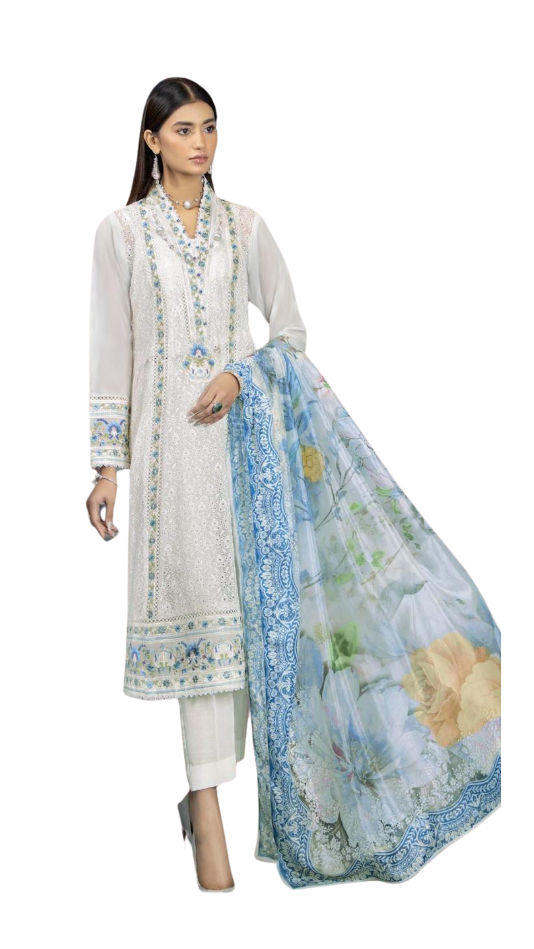 White & Blue Pakistani Suit Large Size