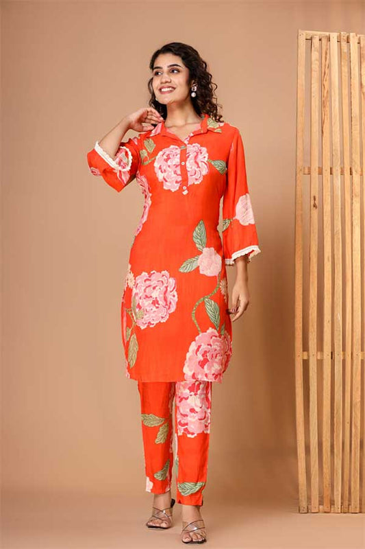 Tangerine Floral Coord Set: Blooms and Lace in Style