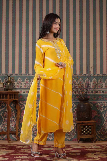 LEHARIYA BLISS: FESTIVE MUSLIN KURTA SET WITH GOTA EMBROIDERY (Yellow colour )