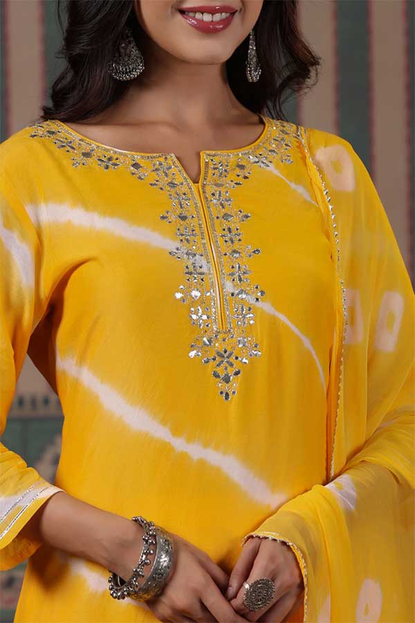 LEHARIYA BLISS: FESTIVE MUSLIN KURTA SET WITH GOTA EMBROIDERY (Yellow colour )