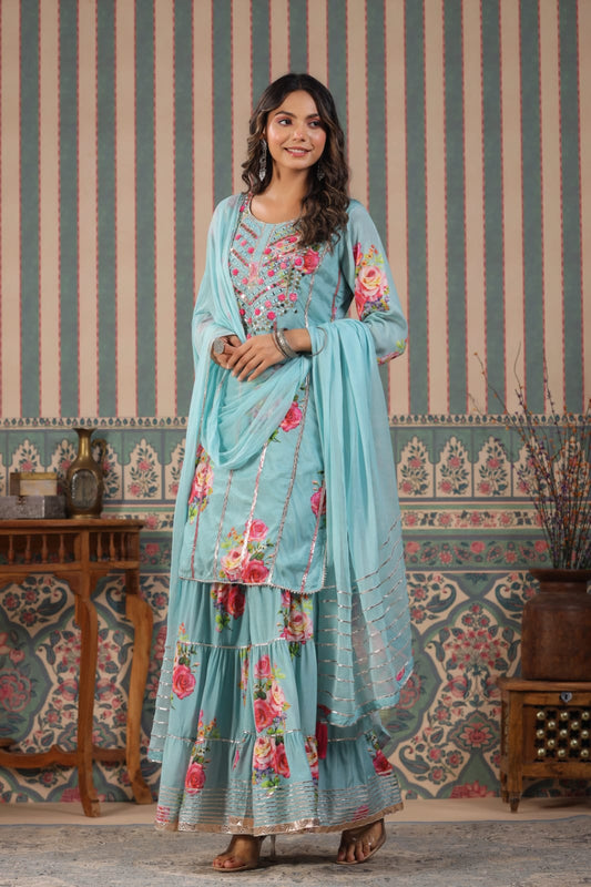 MEHR FESTIVE COLLECTION: LUXURIOUS FLORAL GHARARA SUITS IN PURE MUSLIN (BLUE)