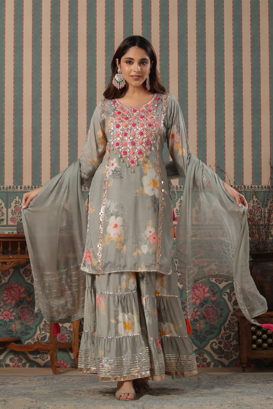 FLORAL BLISS: PURE MUSLIN KURTA WITH TIERED GOTA SHARARA (GREEEN COLOR)