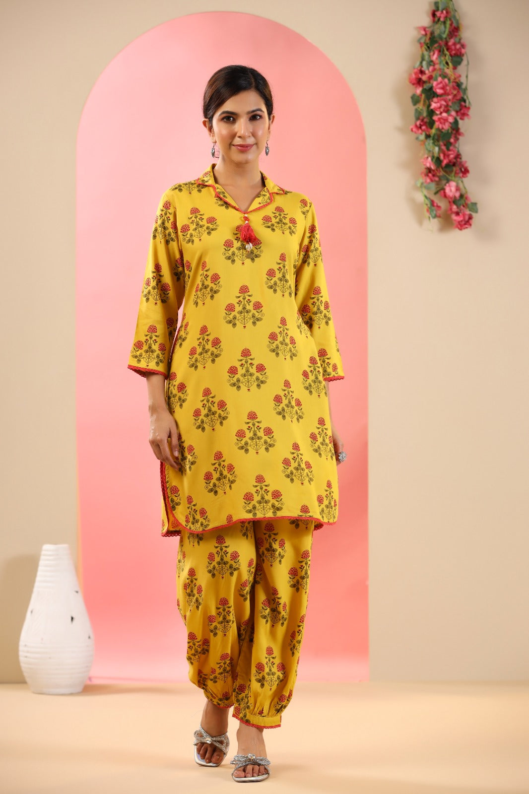 Ethnic Elegance: Hand Block Printed Kurta with Crochet Lace and Afgani Pants