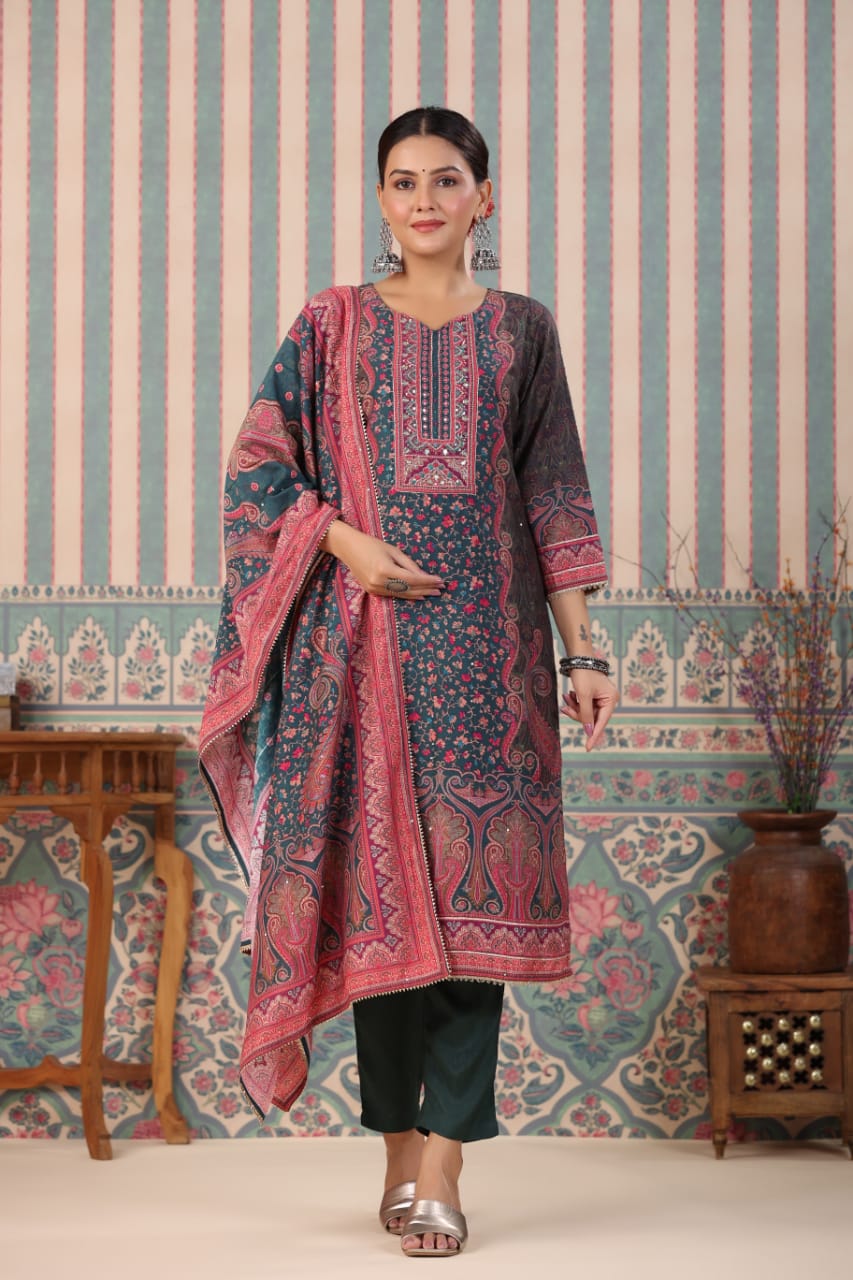 ELEGANCE REDEFINED : KAANI PRINT STITCHED SUIT WITH VISCOSE PANTS