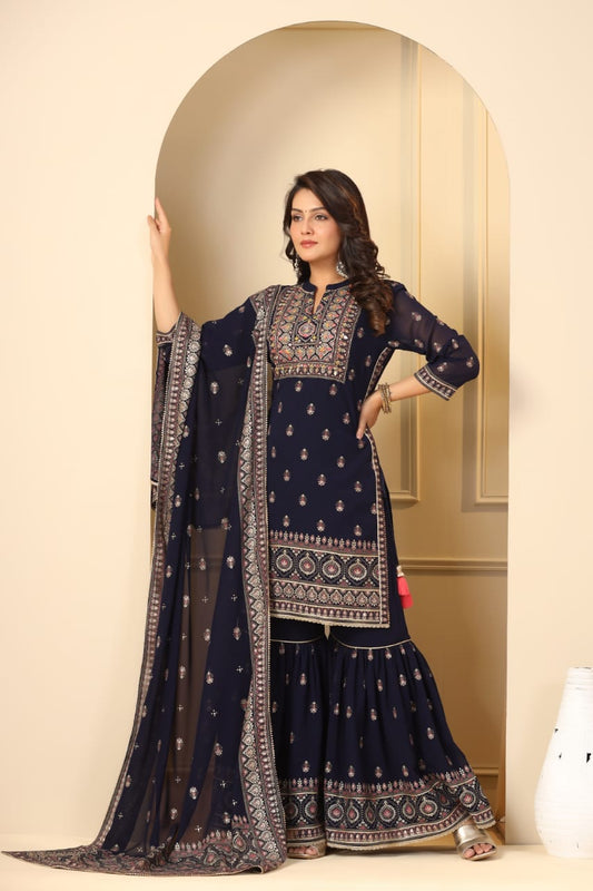 Printed Georgette 3-Piece Set (Royal blue): Embroidered Kurta, Stylish Gharara, and Designer Dupatta ()