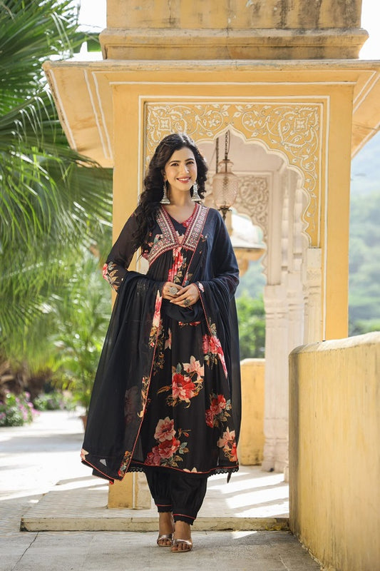 Regal Anarkali Charm (black) : Chinon Alia Cut Anarkali with Embroidered Neckline and Gathers