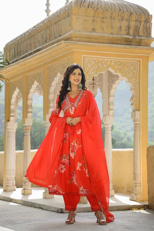 Regal Anarkali Charm (RED) : Chinon Alia Cut Anarkali with Embroidered Neckline and Gathers