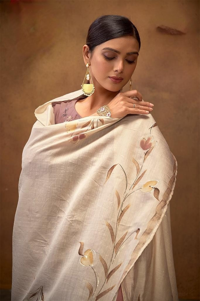 Stitched Silk Suit (Pastel Salmon): Hand Embroidered Kurta, Embroidered Pants & Floral Dupatta