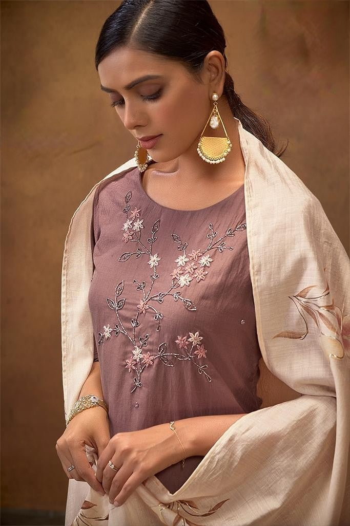 Stitched Silk Suit (Pastel Salmon): Hand Embroidered Kurta, Embroidered Pants & Floral Dupatta