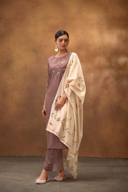 Stitched Silk Suit (Pastel Salmon): Hand Embroidered Kurta, Embroidered Pants & Floral Dupatta