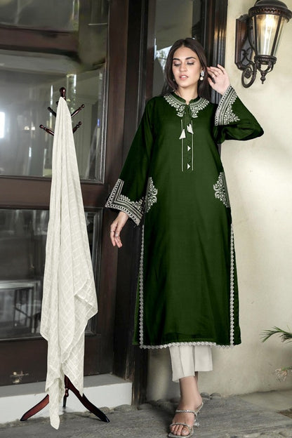 Designer Embroidered Tunic green color with Sleeves paired with Designer Cigarette pants