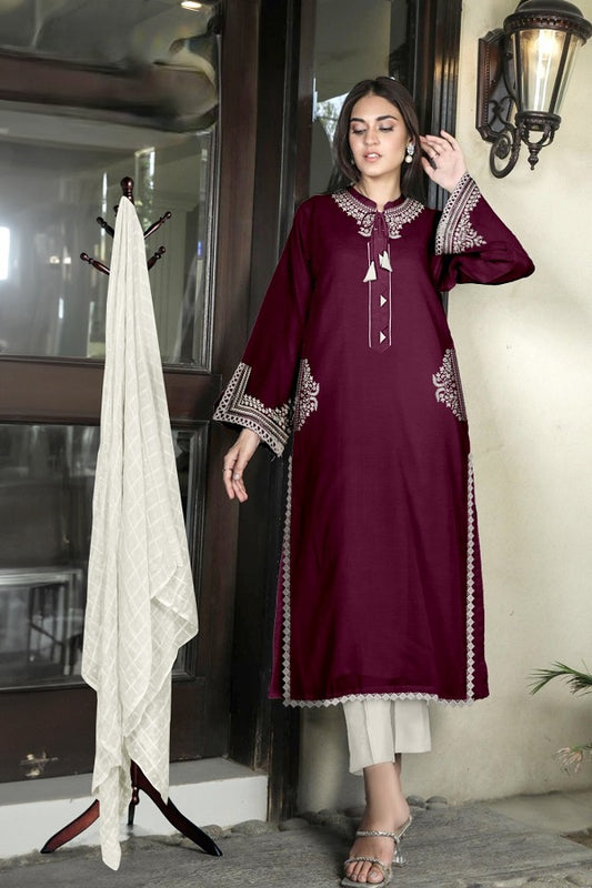 Designer Embroidered Tunic wine color with Sleeves paired with Designer Cigarette pants