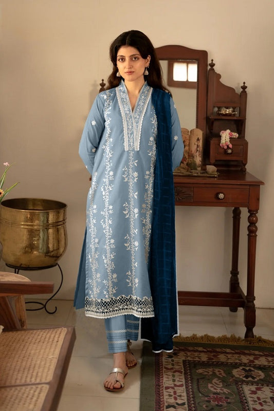 Designer Embroidered Tunic powder blue color with Sleeves paired with Designer Cigarette pants