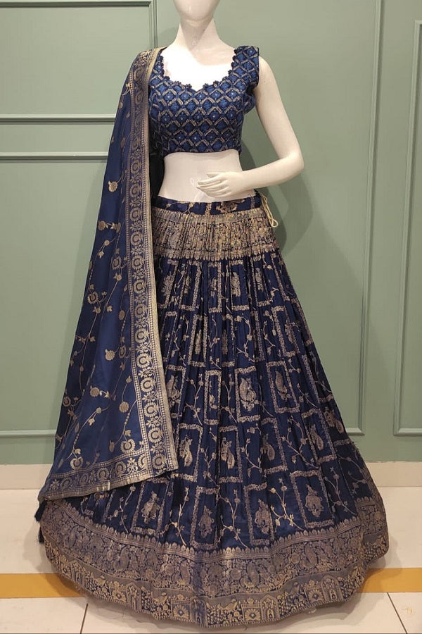 Pure Bliss Ensemble(Royal blue): Padded Choli with Thread and Zari Embroidery, Banarsi Zari Lehnga