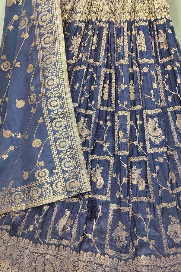 Pure Bliss Ensemble(Royal blue): Padded Choli with Thread and Zari Embroidery, Banarsi Zari Lehnga