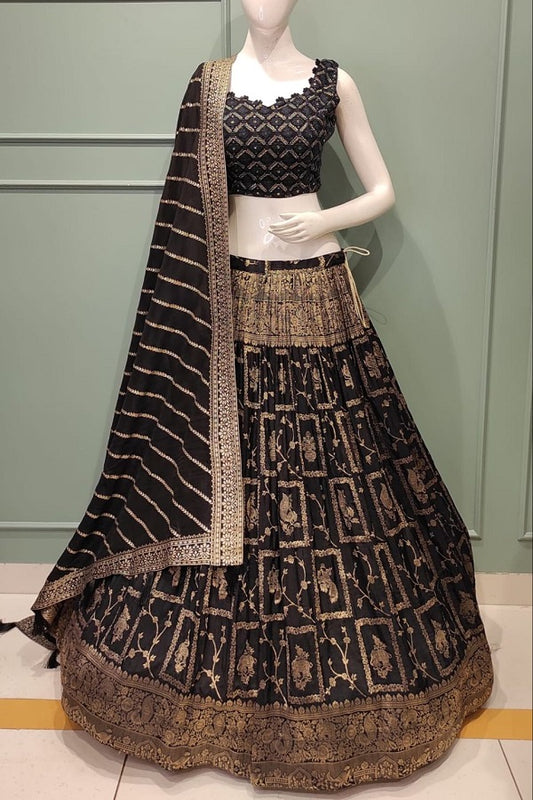 Pure Bliss Ensemble (BLACK): Padded Choli with Thread and Zari Embroidery, Banarsi Zari Lehnga