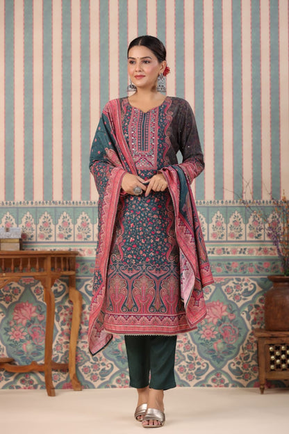 ELEGANCE REDEFINED : KAANI PRINT STITCHED SUIT WITH VISCOSE PANTS