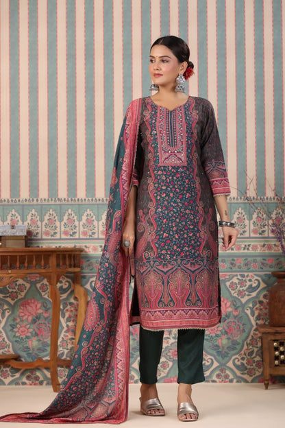 ELEGANCE REDEFINED : KAANI PRINT STITCHED SUIT WITH VISCOSE PANTS