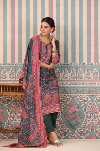 ELEGANCE REDEFINED : KAANI PRINT STITCHED SUIT WITH VISCOSE PANTS