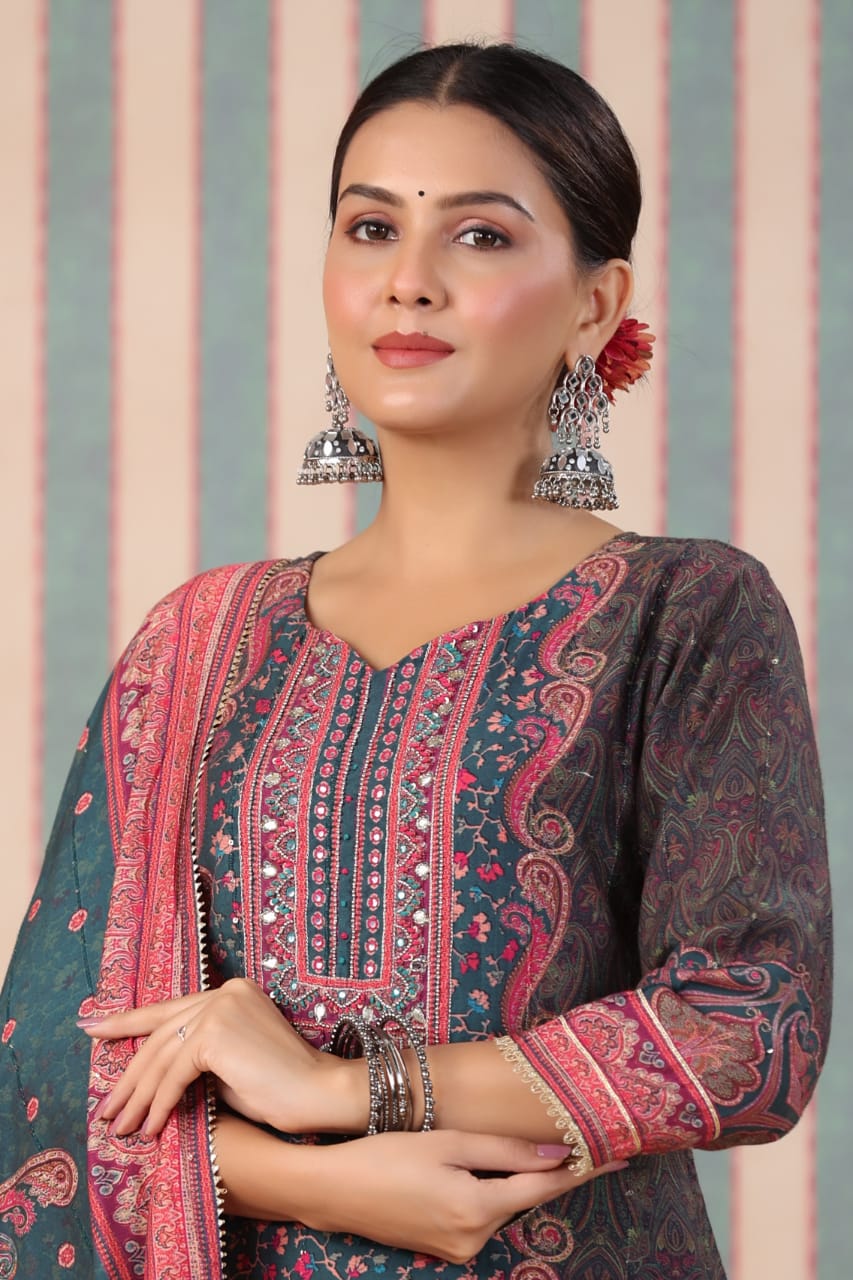 ELEGANCE REDEFINED : KAANI PRINT STITCHED SUIT WITH VISCOSE PANTS