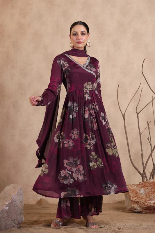 Wine Radiance: Chinon Anarkali with Flared Sharara