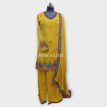 YELLOW SUIT WITH SHIFFON FABRIC 3 PC SUIT PLAZO WITH DUPATTA