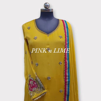 YELLOW SUIT WITH SHIFFON FABRIC 3 PC SUIT PLAZO WITH DUPATTA