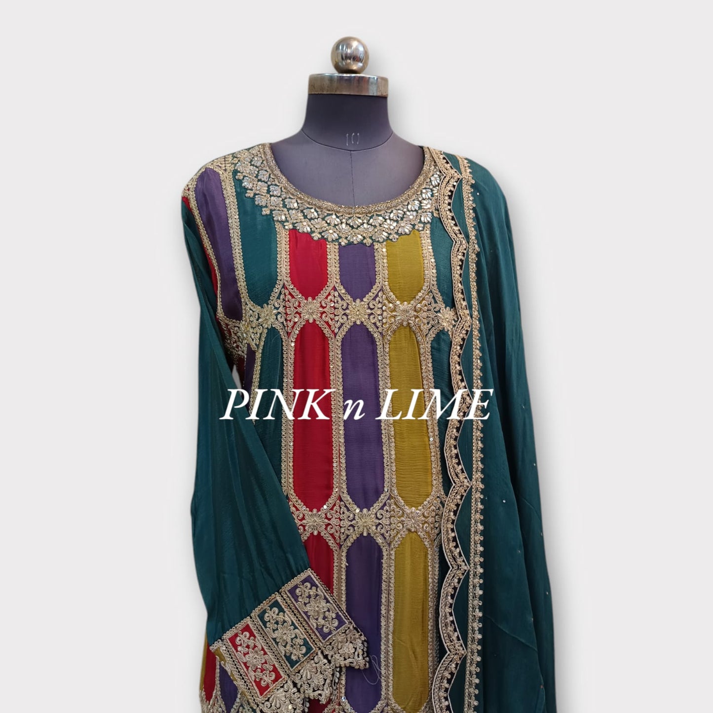 MULTI COLOUR HEAVY SUIT WITH ZARI WORK AND MIRROR WORK 3 PC SUIT DUPATTA AND PLAZO