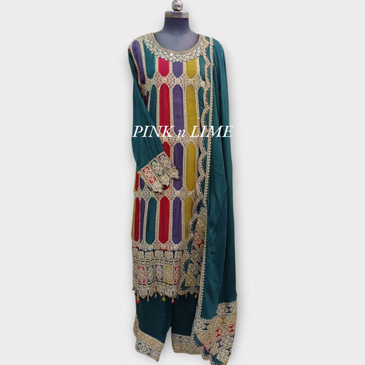 MULTI COLOUR HEAVY SUIT WITH ZARI WORK AND MIRROR WORK 3 PC SUIT DUPATTA AND PLAZO