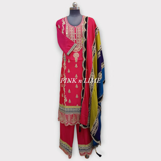 HEAVY PINK SUIT WITH MIRROR WORK BASE ON CHINON FABRIC WITH PLAZO AND MULTI COLORED DUPATTA