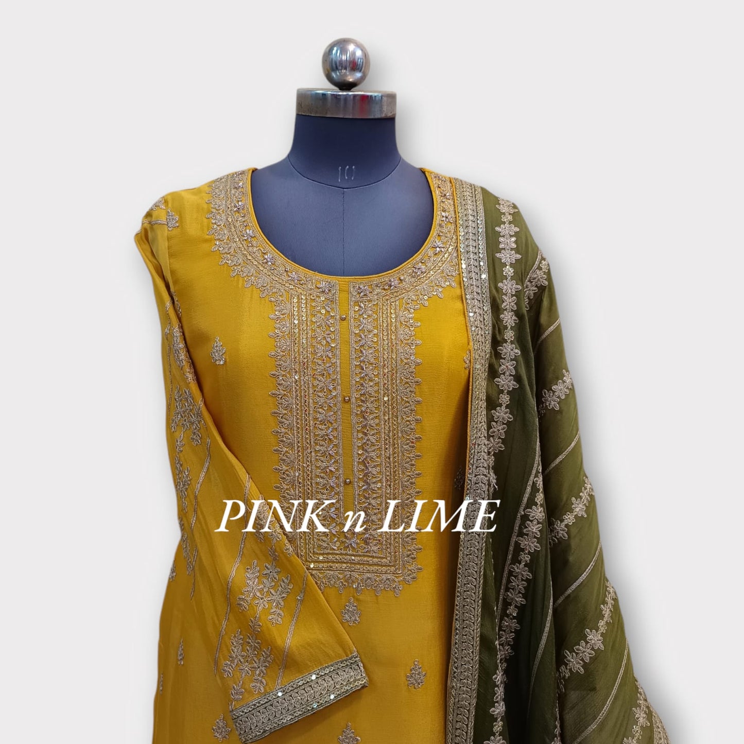 HEAVY PARTY WEAR SUIT YELLOW AND OLIVE GREEN  WITH SHIFFON FABRIC