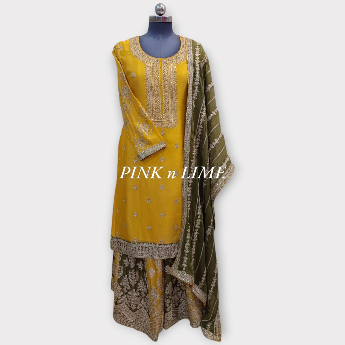 HEAVY PARTY WEAR SUIT YELLOW AND OLIVE GREEN  WITH SHIFFON FABRIC