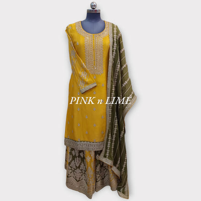 HEAVY PARTY WEAR SUIT YELLOW AND OLIVE GREEN  WITH SHIFFON FABRIC