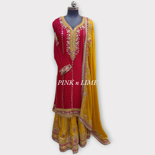 PINK AND YELLOW PARTY WEAR SUT GOTA WORK WITH SHIFFON FABRIC