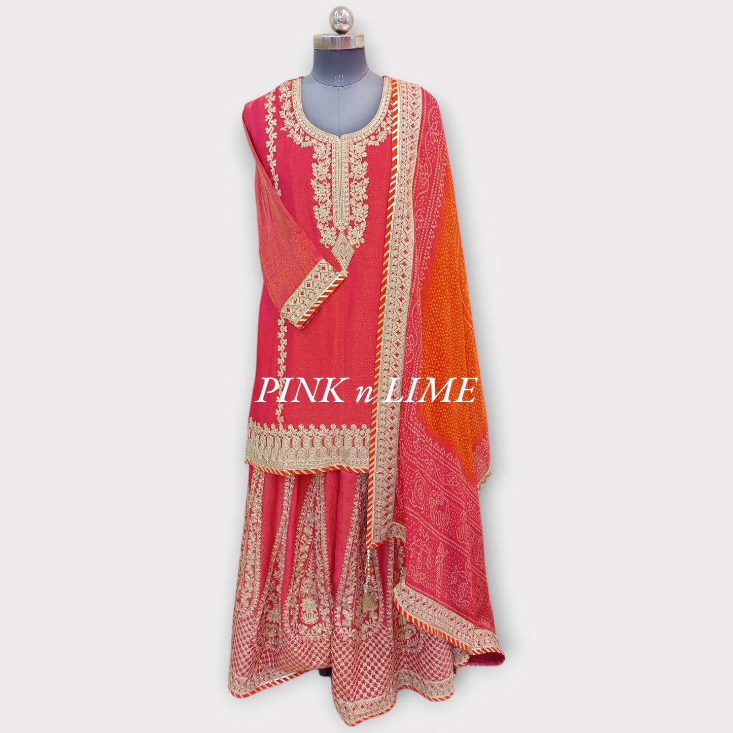 PARTY WEAR SUT WITH SHIMMER SILK FABRIC, HEAVY SKIRT WITH ZARI WORK AND DUPATTA BEAUTIFULY BORDER AND TO SHADES PINK ORANGE