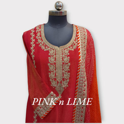 PARTY WEAR SUT WITH SHIMMER SILK FABRIC, HEAVY SKIRT WITH ZARI WORK AND DUPATTA BEAUTIFULY BORDER AND TO SHADES PINK ORANGE