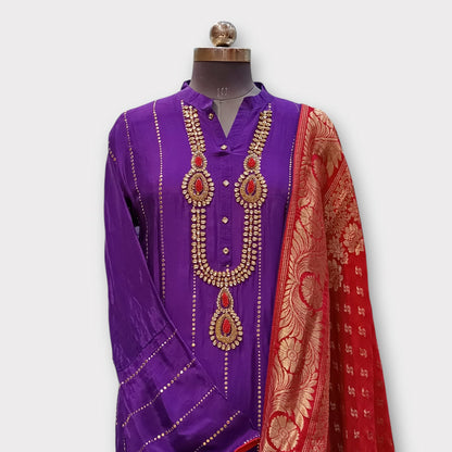 UNSTITCHED UPADA SILK KURTA ABORNED WITH KUNDAN WORK WITH BANARSI DUPATTA, BOTTAM FABRIC IS VISCOSE